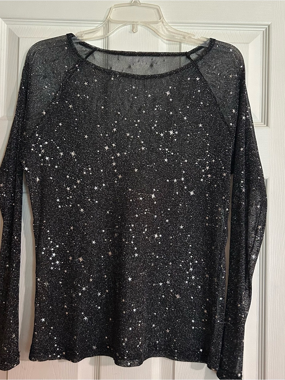 Black Sparkly Star-Print Long Sleeve Mesh Top